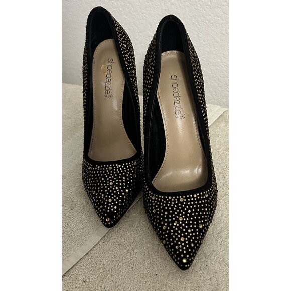 Shoedazzle Women's 6.5 Black with Gold Rhinestone Rochella Pumps Holiday - Picture 10 of 10